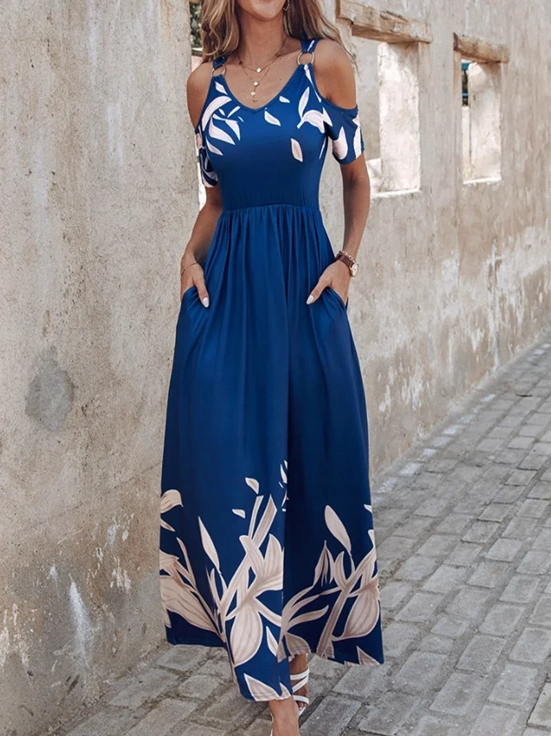 Women's Dress Fashion Off The Shoulder Printed Waist Long Dress with Pockets Short Sleeve Dress