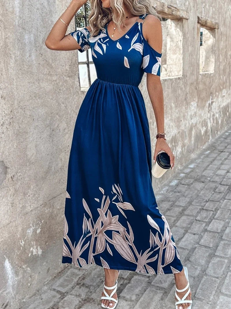 Women's Dress Fashion Off The Shoulder Printed Waist Long Dress with Pockets Short Sleeve Dress